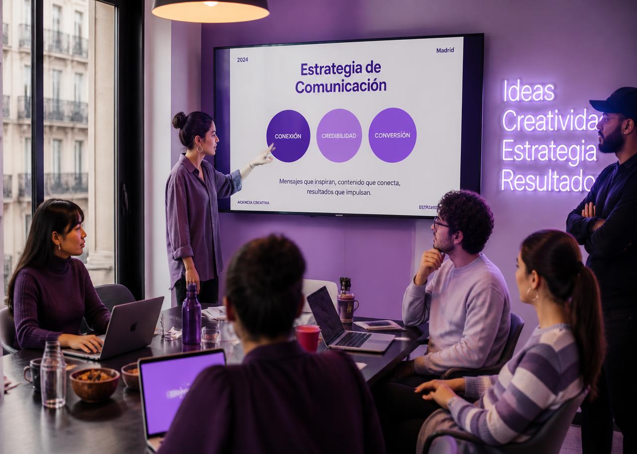 Equipo presentando una estrategia de comunicación en una agencia de Madrid